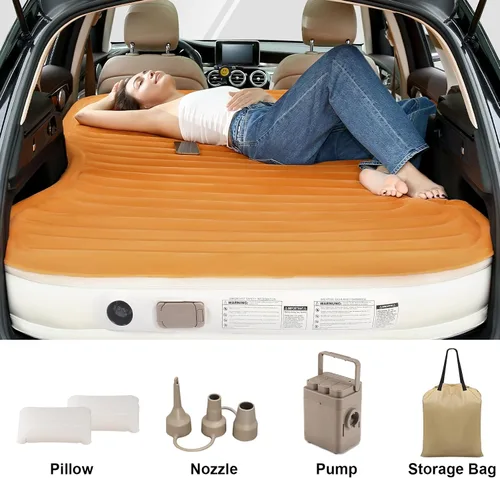 Miniatura 3 de KMZ Colchón de aire SUV con bomba incorporada y 2 almohadas, PVC flocado grueso, cama de aire de inflado rápido de 90 segundos, cama de aire Naranja