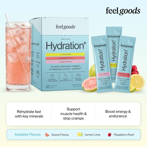 Miniatura 2 de Feel Goods Hydration+, electrolitos de 1,100 mg, paquetes sin azúcar, hidratación diaria, magnesio, cereza ácida orgánica, potasio, menos calambres