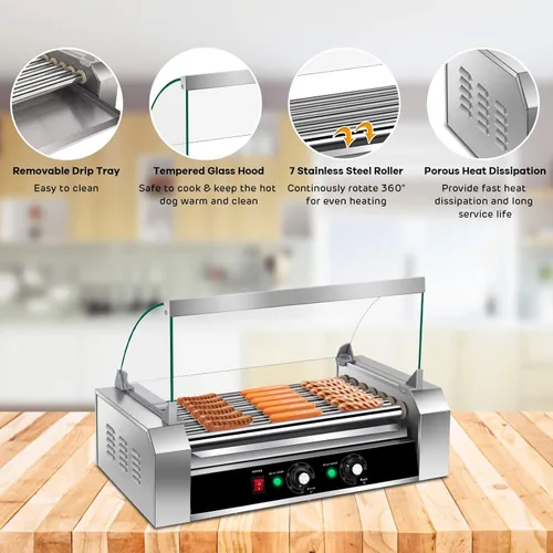 Miniatura 6 de Happygrill Máquina de rodillos para perros calientes, parrilla eléctrica de salchichas con 18 perros calientes, 7 antiadherentes, bandeja de goteo