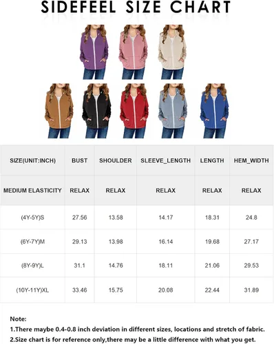 Miniatura 2 de Sidefeel Sudadera con capucha de manga larga con cremallera para niñas, abrigo casual con bolsillos 4Y-13Y