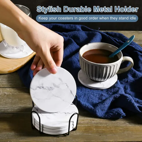 Miniatura 5 de Posavasos absorbentes para bebidas, juego de 6 posavasos de cerámica con soporte, posavasos duraderos para mesa de café con base de corcho