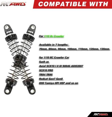Miniatura 2 de RCAWD 7075 Amortiguadores de 80mm Universales para 1/10 RC Crawler, Mejoras para SCX10 I II III Pro 90046 AXI231017 TRX4 TRX6 Redcat D90 MST RC Negro