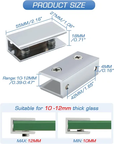 Miniatura 3 de Alise Soporte de ducha ajustable para estante de vidrio, soporte de abrazadera rectangular resistente para estantes de vidrio de 0.394-0.472 in