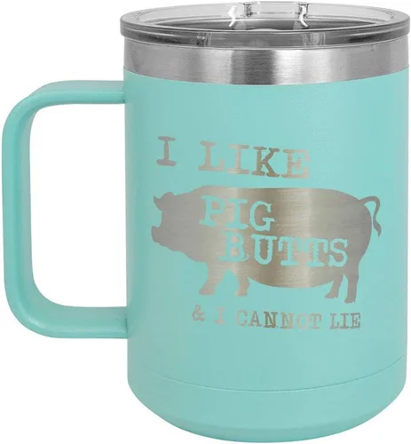 Miniatura 14 de Taza de café con tapa deslizante con texto en inglés "I Like Pig Butts 15 oz" Taza de café de viaje aislada Idea de regalo para barbacoa y Negro