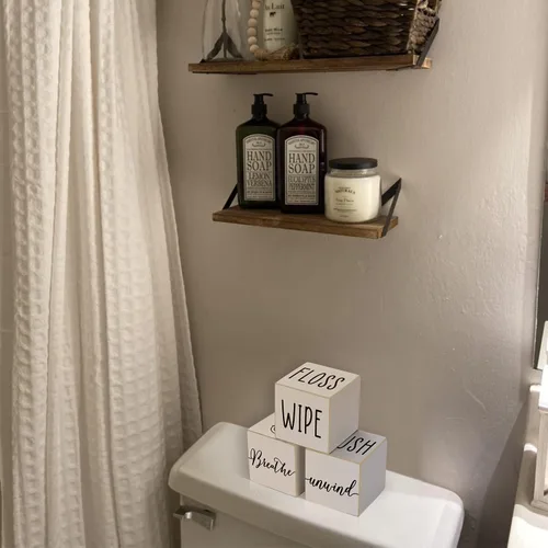 Miniatura 3 de Divertida decoración de baño de granja, bloques de madera de 4 lados, bonito letrero de baño rústico para estante, detalles de decoración del hogar
