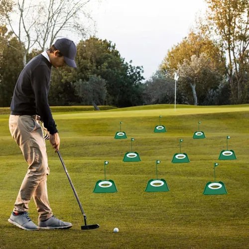 Miniatura 3 de Paquete de 9 tazas de golf con banderas, ayudas de entrenamiento de golf de plástico con recuperador de pelotas de golf, juego de agujeros de Verde