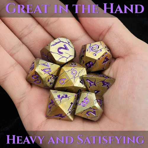 Miniatura 4 de Dados de metal para DND – Ruinas de faraón oro oscuro con grietas moradas – Juego de dados poliédricos para D&D, RPG y más – Bellamente detallados