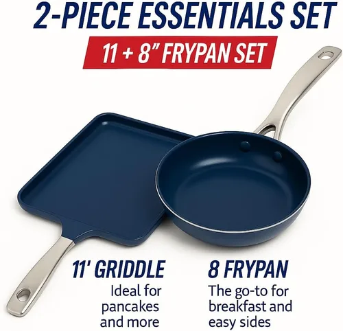 Miniatura 3 de Blue Diamond - Juego de parrilla de 11" y sartén antiadherente de 8", con cerámica infundida de diamante, sin PFAS ni PTFE, apto para lavavajillas