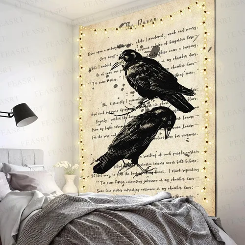 Miniatura 2 de FEASRT Tapiz gótico de calavera y cuervo, tapiz de pared The Raven Edgar Allan Poe, póster rústico de 51 x 60 pulgadas para sala de estar
