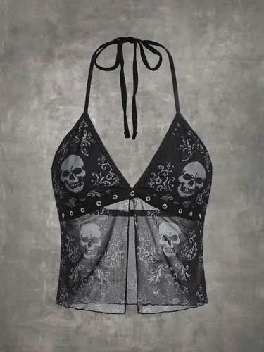 Miniatura 6 de Cozyease Camiseta sin mangas Y2K de malla con cuello halter y dobladillo dividido para mujer
