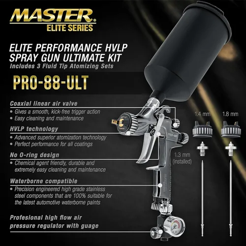 Miniatura 2 de Master Elite Performance PRO-88 HVLP Pistola de Pintura en Aerosol Automotriz con 3 Puntas de 1.3, 1.4 y 1.8mm, Taza de 1L, Regulador de Presión