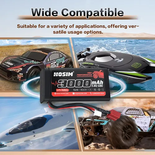 Miniatura 6 de Hosim 2 baterías Lipo RC Lipo de 7.4 V 15C 3000 mAh con 2 cargadores USB y 1 correa de batería para control remoto de coche RC sin escobillas