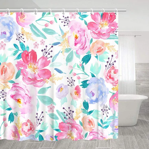 Miniatura 2 de RosieLily Cortinas de ducha florales rosas para baño, cortina de ducha de flores de acuarela para niñas, juego de cortina de ducha con ganchos