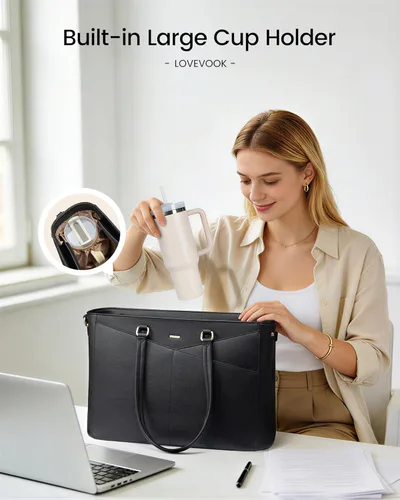 Miniatura 5 de LOVEVOOK Bolsa de mano para computadora portátil para mujer, bolsas de trabajo de cuero de 15.6 pulgadas con soporte grande para tazas para Negro