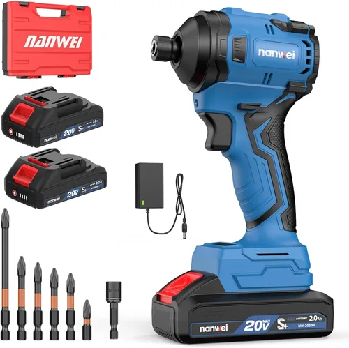 NANWEI Destornillador de impacto sin escobillas de 20 V, par máximo de 2100 In-lbs (240 N·m), vástago hexagonal de 1/4 pulgadas, 2 baterías de 2.0Ah