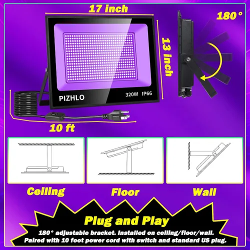 Miniatura 5 de Paquete de 2 luces LED negras de 320 W, luz de inundación de luz negra con enchufe e interruptor, IP66 impermeable para exteriores, luz negra