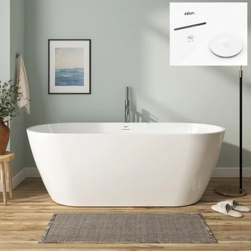 Miniatura 10 de FerdY 59" Bañera de acrílico independiente Bali Elite, bañera independiente de inmersión con forma elegante, certificada cUPC, desagüe negro Toe-Tap