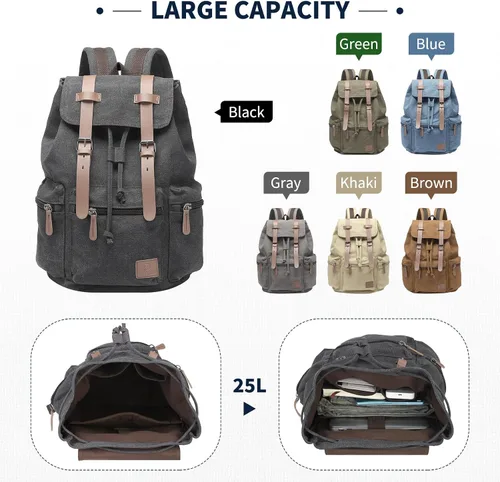 Miniatura 6 de DTGN Mochila de lona vintage para hombres y mujeres, mochila casual duradera con acento de cuero, se adapta a la universidad, trabajo, viajes y al