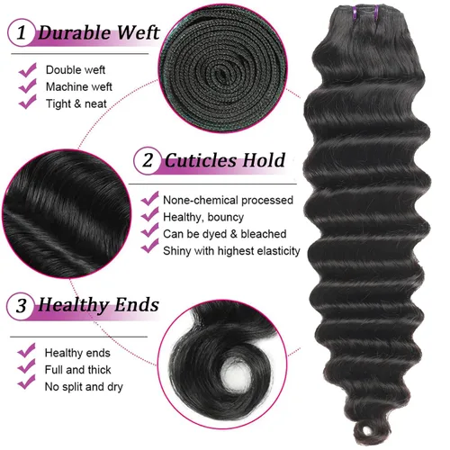 Miniatura 3 de Paquetes de cabello brasileño suelto de onda profunda con cierre, 3 paquetes y cierre de cabello humano de 10, 12, 14+10 pulgadas, 100% sin