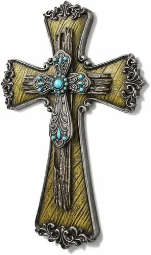 Comfy Hour Cruz de pared decorativa de diamante azul de 12 pulgadas, rollo victoriano adornado con detalles turquesa, placa religiosa de madera
