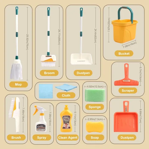 Miniatura 2 de Juego de limpieza para niños de 12 piezas, incluye escoba, recogedor, trapeador, cepillo, aerosol, raspador, cubo, esponja y más, kit de limpieza