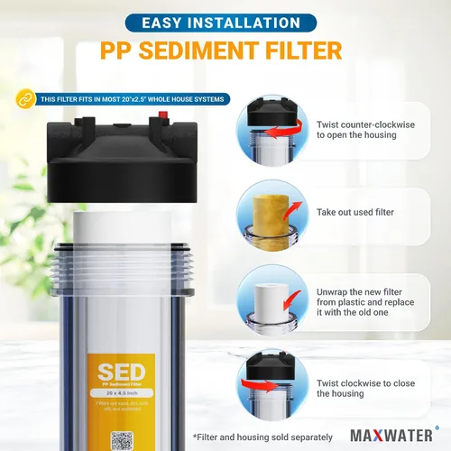 Miniatura 5 de Max Water Slim Blue SDC-25-2005 P5-20 - Cartucho de repuesto para filtro de agua de sedimentos de polipropileno fundido de 20 pulgadas x 2.5