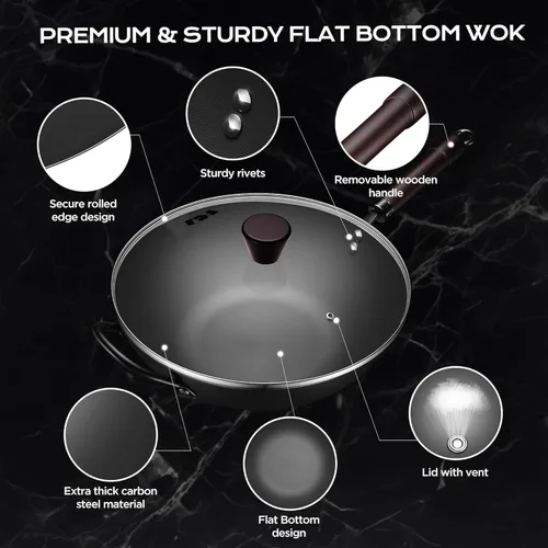 Miniatura 5 de Wok, woks y sartenes de acero al carbono de 13 pulgadas antiadherentes, wok chino de 5.8QT con fondo plano pre-curado con tapa, sartenes de paella