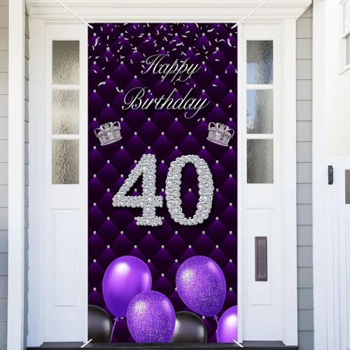 Miniatura 45 de Cartel morado de feliz primer cumpleaños telón de fondo para cabina de fotos, globos de corona plateada, decoración temática para niña, aniversario