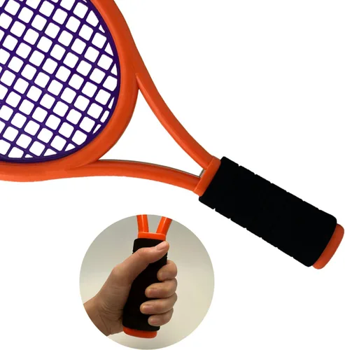 Miniatura 7 de Juego de raqueta de tenis para niños, raqueta de 17 pulgadas con 1 pelota de tenis, 4 volantes de bádminton y 3 pelotas suaves para deportes