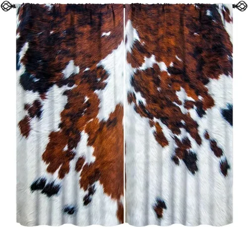 Miniatura 9 de Cortinas con estampado de piel de vaca, cortinas de piel de granja occidental, cortinas rústicas de granja de vaca marrón y blanca para niños, Piel