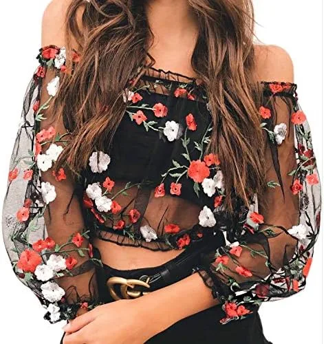 Miniatura 4 de RARITYUS Mujeres Sexy Floral Bordado Mesh T-Shirt Tulle Manga Corta Ver a través de Crop Tops
