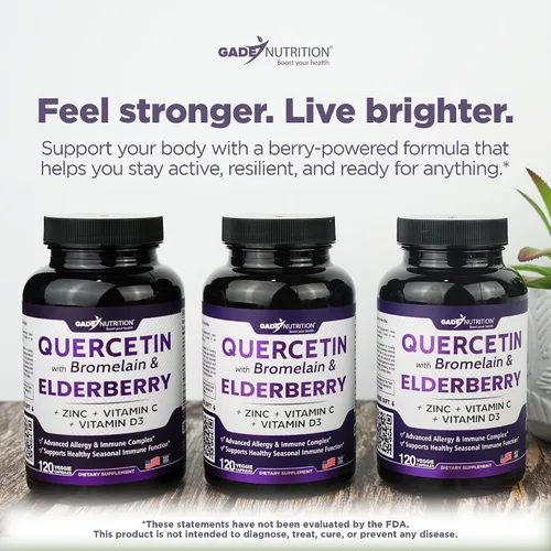 Miniatura 8 de Gade Nutrition Quercetina con bromelina, saúco, vitamina C y zinc, suplemento de apoyo inmunológico Sambucus de 500 mg cápsulas Sin gluten