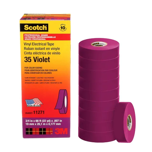 3M Scotch Cinta eléctrica de codificación de colores de vinilo de 35, 3/4 pulgadas x 66 pies, 10 rollos, violeta, certificado CSA, certificación UL,