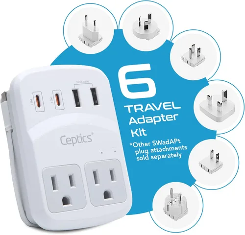 Miniatura 2 de Kit de adaptador de viaje mundial Ceptics 2 USB-A, USB-C, tomas de corriente EE. UU., entrega de potencia 20W/QC 18W, protección contra