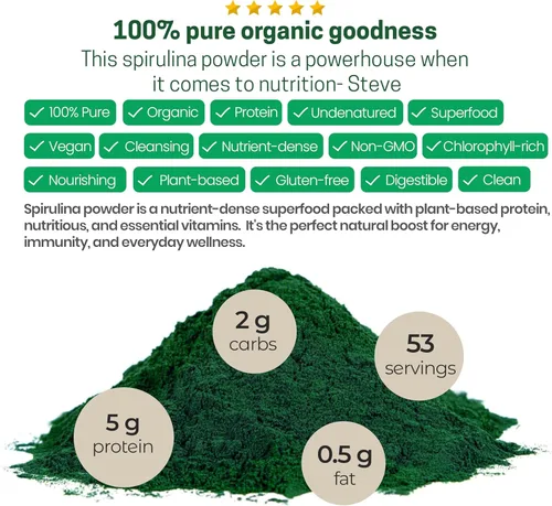 Miniatura 4 de Z Natural Foods Polvo de espirulina orgánica – Espirulina 100% pura, superalimento de algas azul-verdes densas en nutrientes con aminoácidos, 15