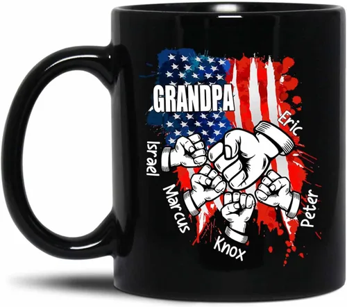 Taza de café personalizada con la bandera estadounidense para el abuelo y el día del padre, nombres personalizados para papá y niños, taza de