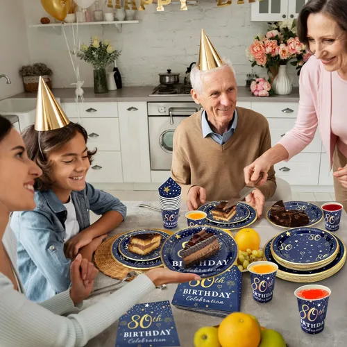 Miniatura 6 de Platos y servilletas de decoración de cumpleaños número 80 azul y dorado, servicio para fiesta de cumpleaños de 30 o 80 años, incluye platos azul