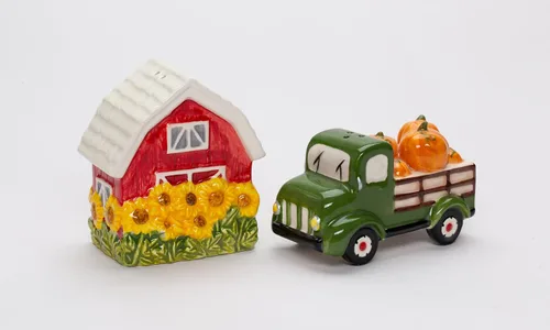 Miniatura 8 de Juego de salero y pimentero de cerámica fina de cosecha de Acción de Gracias, camión de calabaza y girasoles, 3.5 pulgadas de largo