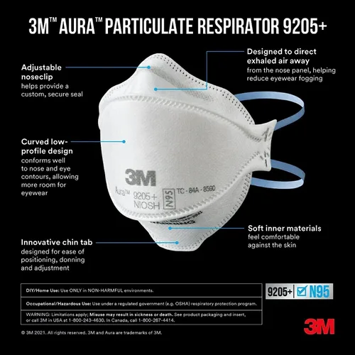Miniatura 3 de 3M Aura Particulate Respirator 9205+ N95, Lightweight, 3 Panel Designed Helps Provide Comfortable and Convenient Respiratory Protection, 3-Pack