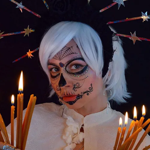 Miniatura 3 de Tatuajes faciales del Día de los Muertos, paquete de 10 tatuajes faciales temporales de Halloween, tatuaje facial de calavera de azúcar para adultos