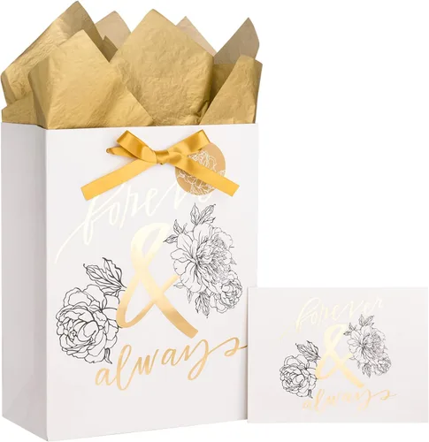 Miniatura 10 de LeZakaa 13" Wedding Anniversary Bag with Tissue Paper, Tag & Greeting Card, Happy Anniversary Gold Glitter Gift Bag for Couple, Parents, Wife