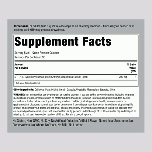 Miniatura 2 de Piping Rock Suplemento 5-HTP 200 mg 90 Cápsulas 5-Hidroxitriptófano de extracto de Griffonia Simplicifolia Sin OMG, sin gluten