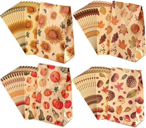 Miniatura 6 de Whaline 48 bolsas planas de otoño para golosinas, papel kraft, calabazas, hojas de arce, girasoles, nueces, bolsa de regalo para regalos de fiesta