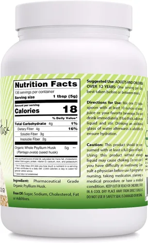 Miniatura 3 de Amazing India USDA - Suplemento en polvo de cáscara de psyllium entero orgánico 0.18 oz por porción Sin OMG Sin gluten Fabricado en Estados