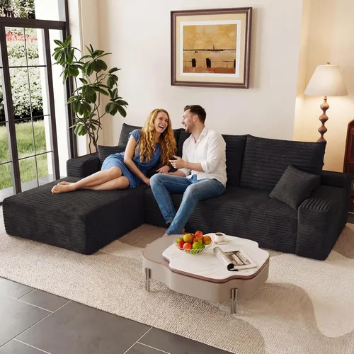 Miniatura 21 de Sofá seccional modular de 96", sofá en forma de L tipo nube sin estructura con chaise lounge, tapizado de pana con asiento profundo de espuma Negro