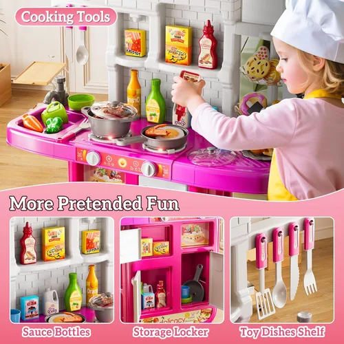 Miniatura 7 de MSKOLER Juego de cocina para niños de 3-6 4-8 años, cocina de juego con luz, sonido y pulverización, accesorios de juguete de fregadero, estufas
