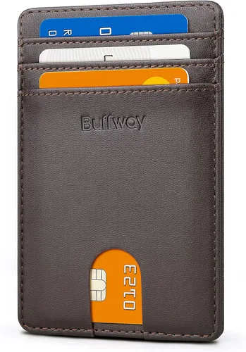Miniatura 109 de Buffway Billetera delgada para hombre, minimalista con bolsillo frontal delgado, tarjetero de cuero con bloqueo RFID para viajes de trabajo