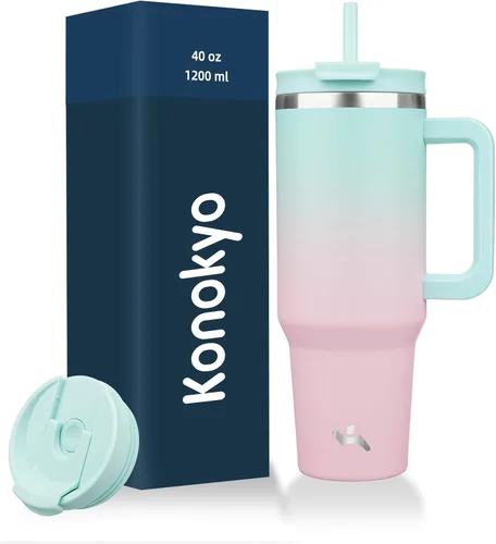 Miniatura 42 de Konokyo - Vaso de 40 onzas con asa y 2 pajillas, botella de agua aislada 2 en 1 con tapa. Taza de viaje de acero inoxidable para café, flores