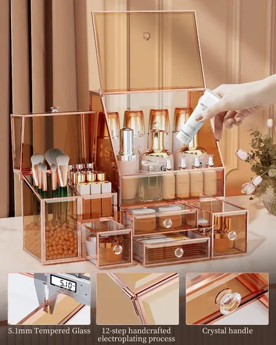 Miniatura 5 de Youdepot Caja de exhibición de maquillaje de vidrio para tocador y encimera de baño – Gran estuche de exhibición de cosméticos y solución