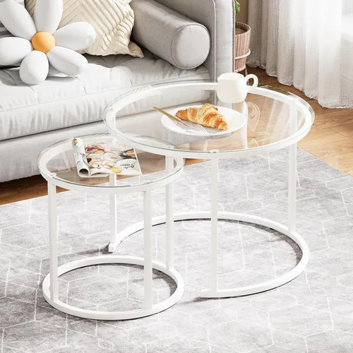 aboxoo Juego de 2 mesas de cristal anidables blancas, pequeñas mesas redondas de vidrio para sala de estar, dormitorio, mesa de té decorativa con